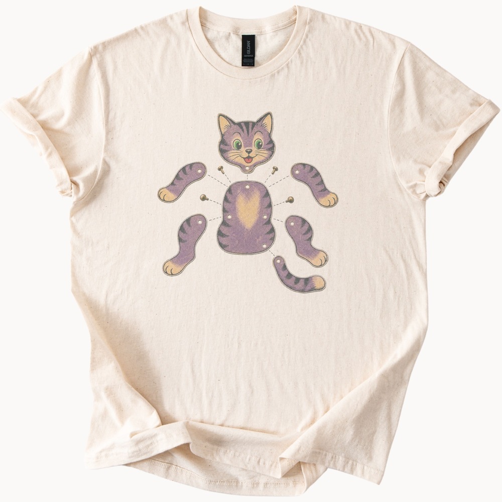 Grinning Paper Doll Cat Comes Apart Retro Tee